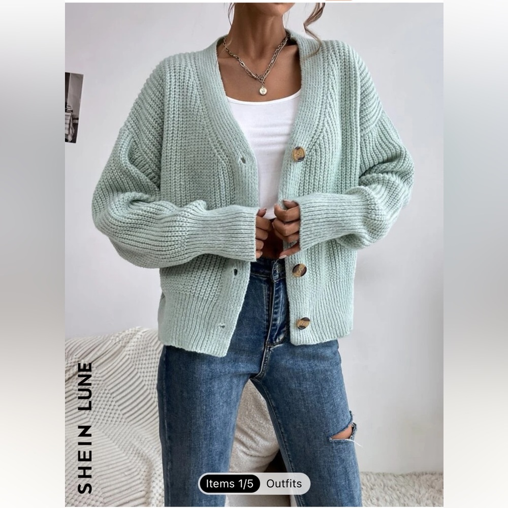 SHEIN | LUNE Single Breasted Ribbed Button Knit Cardigan Mint Green Small